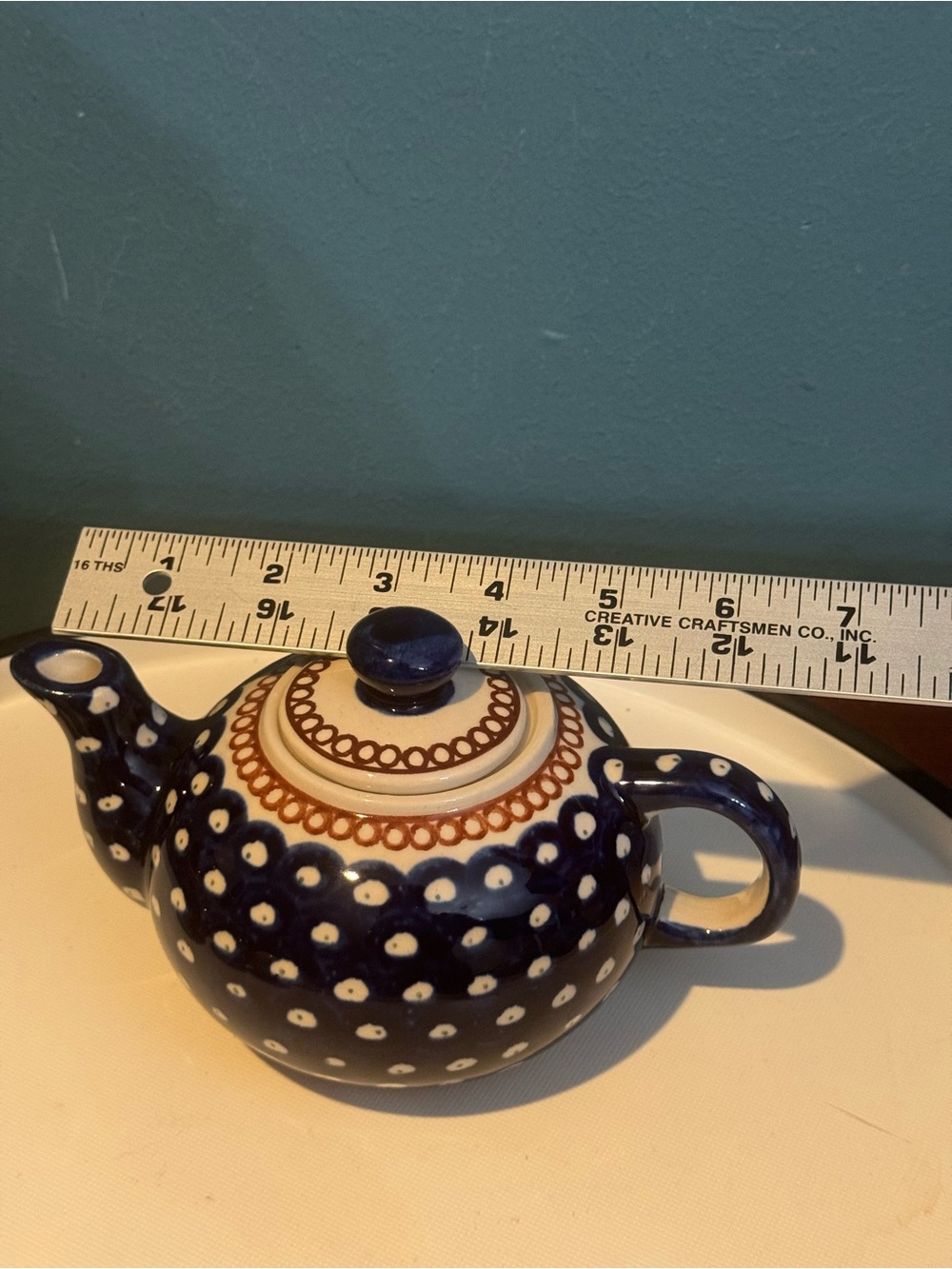 Boleslawiec Polish Pottery Small Blue Peacock Polka Dot Teapot - Picture 7 of 8